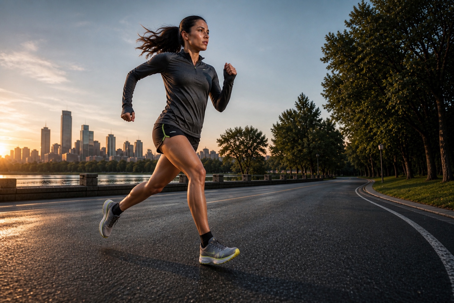 Road runner accelerating through a fast tempo run on a city park road