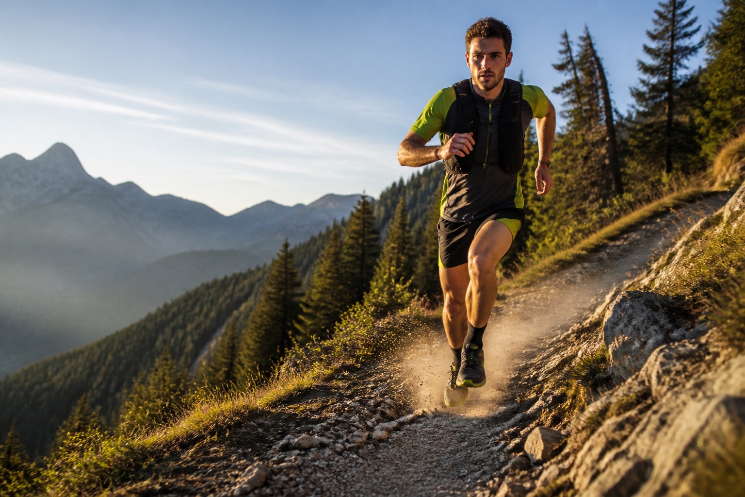 Trail runner accelerating uphill on a technical mountain trail