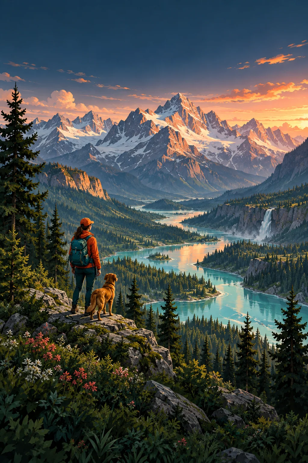 An adventurer and dog overlook an illustrated alpine valley at sunset
