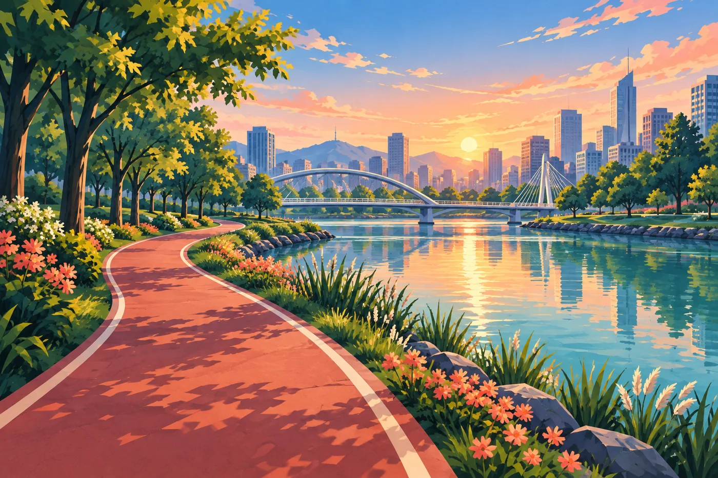 Illustrated riverside running trail