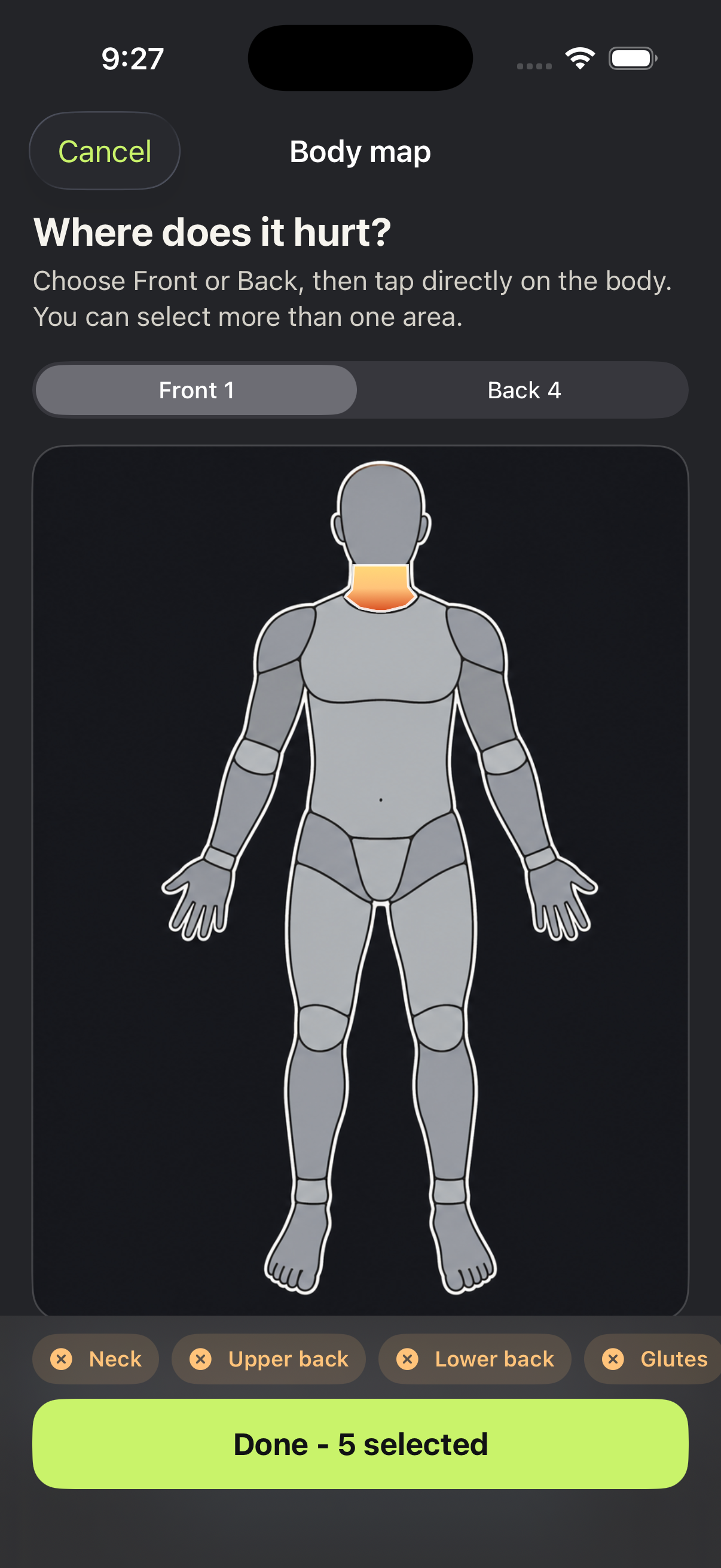 PACEVARO body map for selecting soreness areas