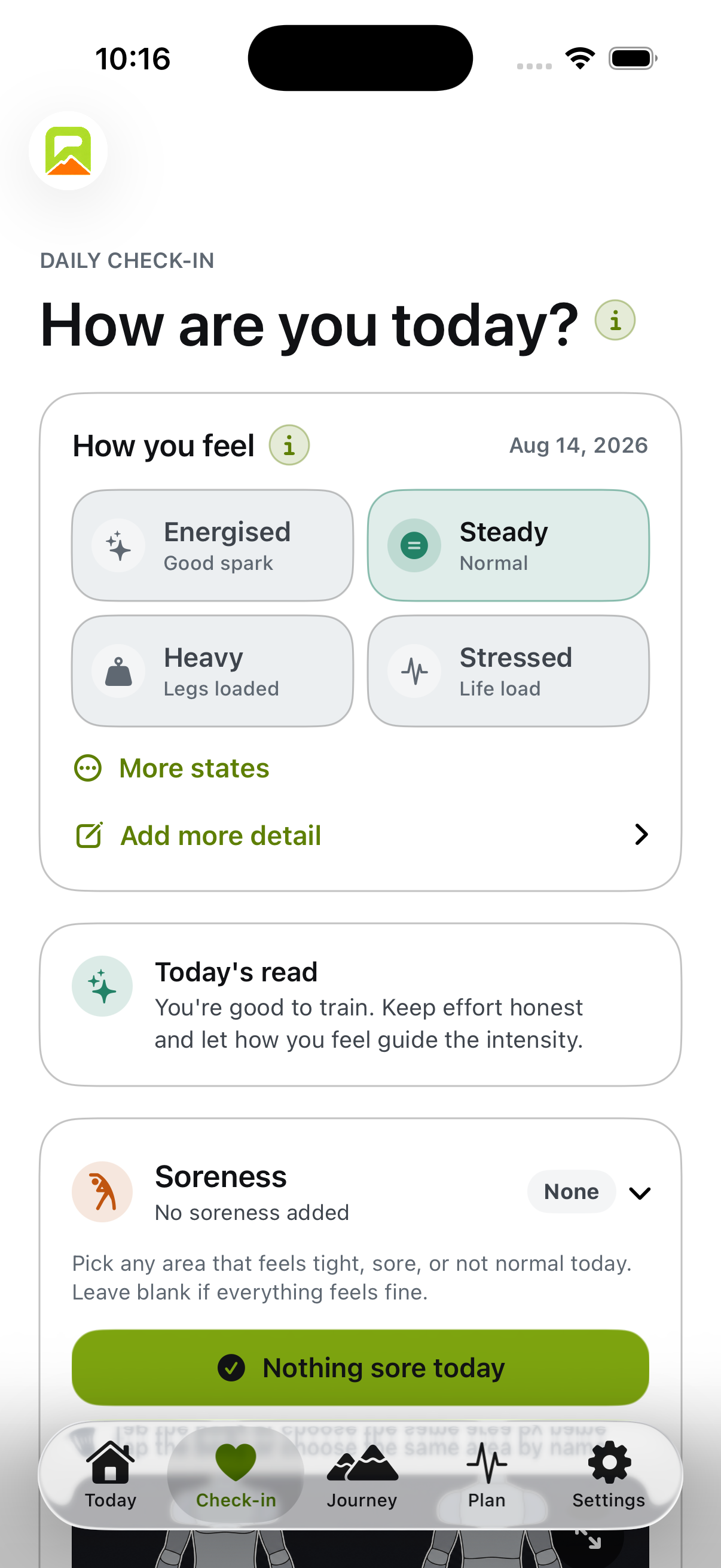 PACEVARO daily check-in with four common energy and stress states