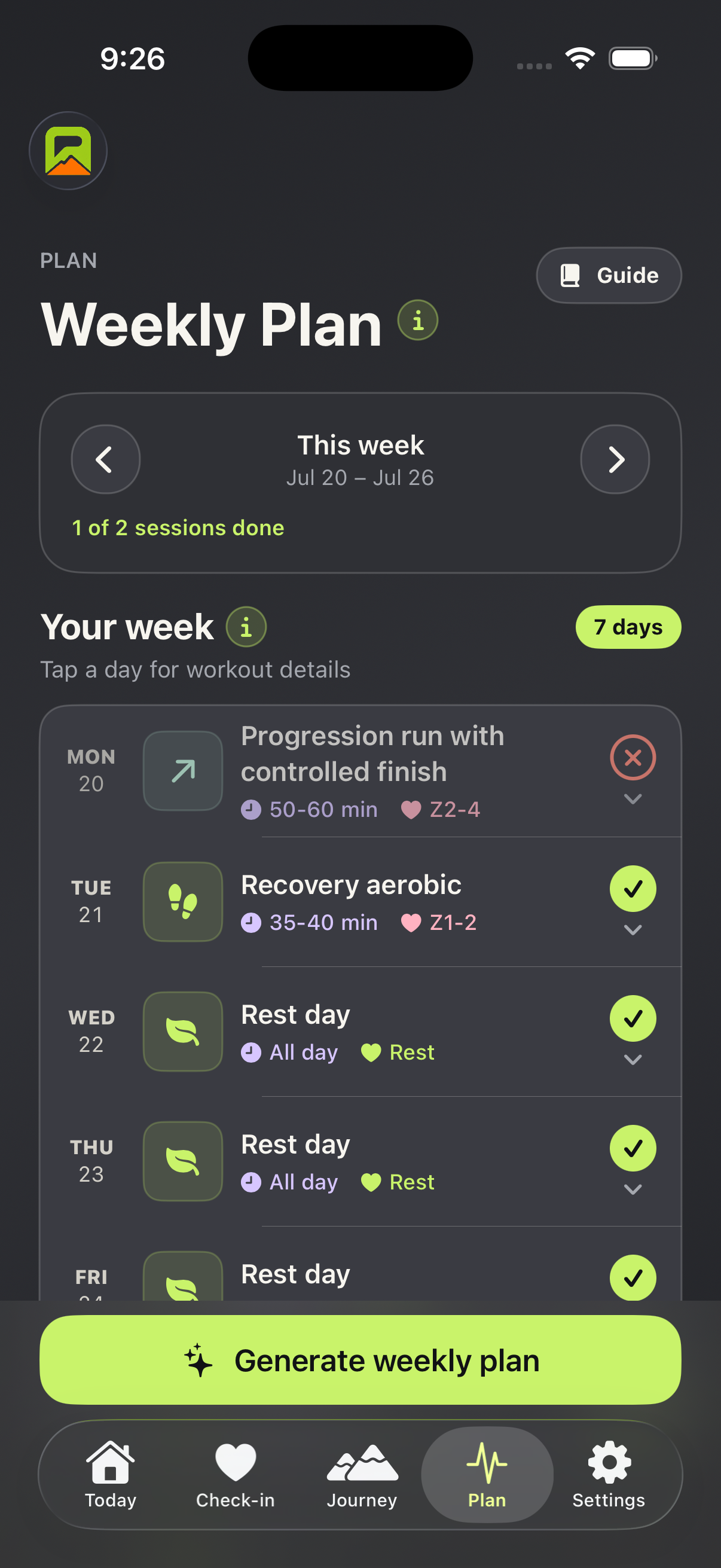 PACEVARO seven-day adaptive weekly plan
